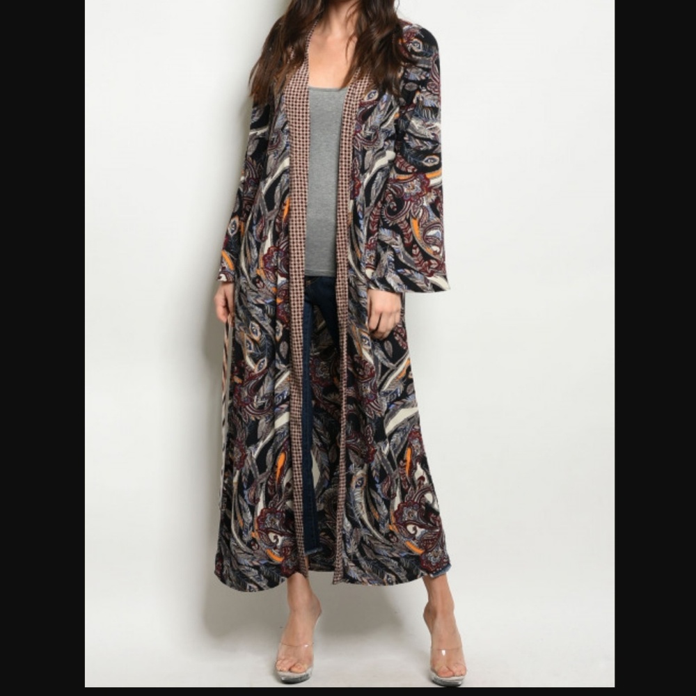 CATRINA Kimono Flowy Maxi Elegant Feather Print Black & Wine Belted S M & L NWT